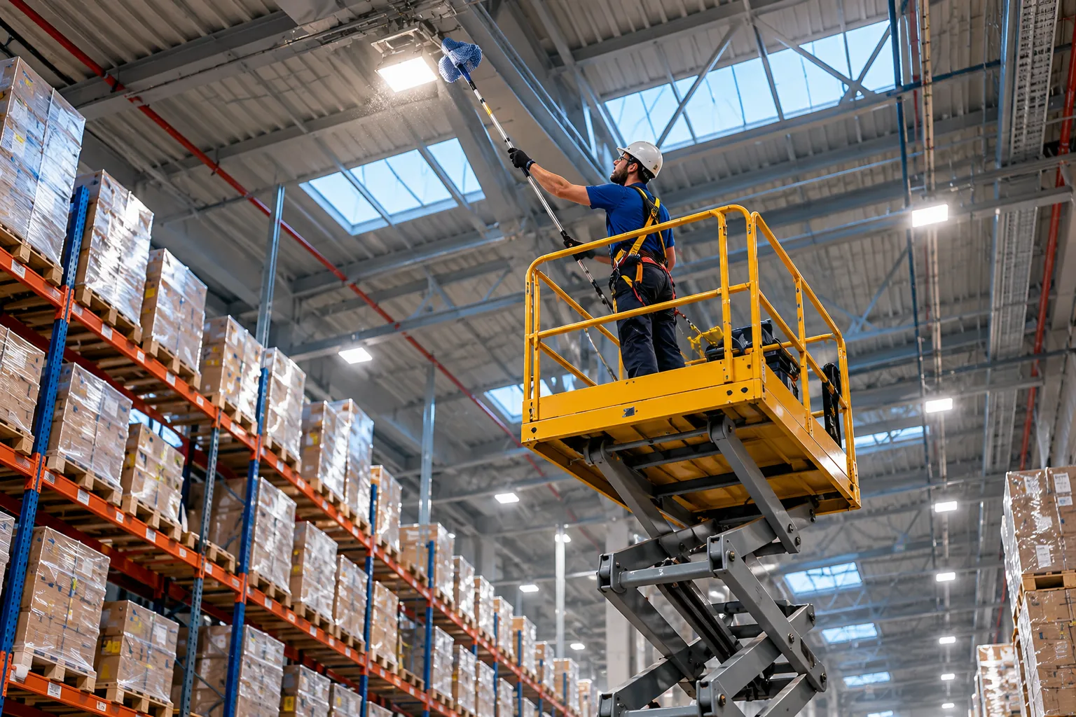 Operator Conex Clean cu ham, pe platforma ridicătoare, curățând structura unei hale