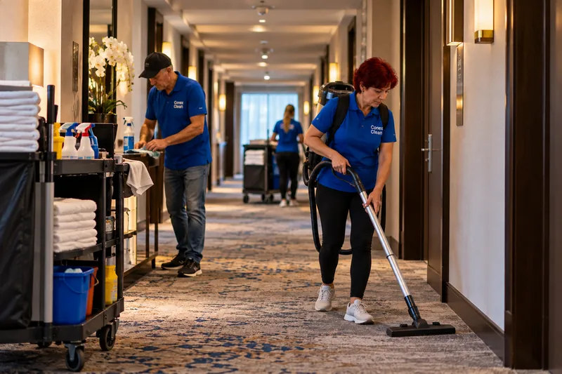 Echipa Conex Clean aspirând mocheta pe holul unui hotel