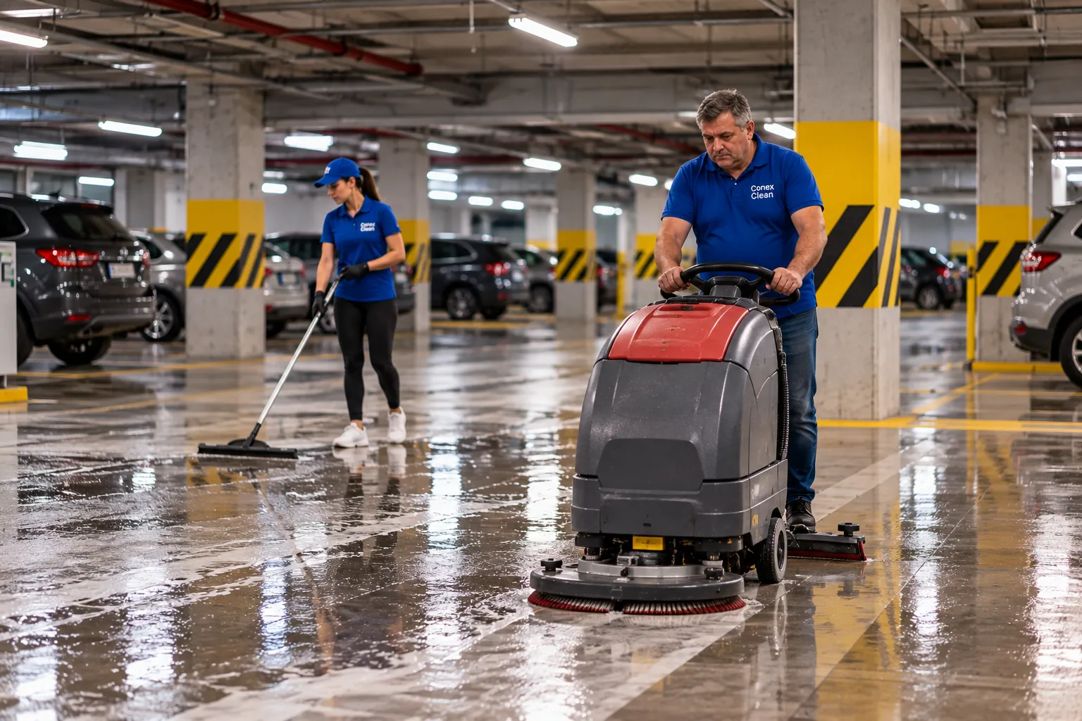 Operator Conex Clean cu mașina de spălat pardoseli într-o parcare subterană
