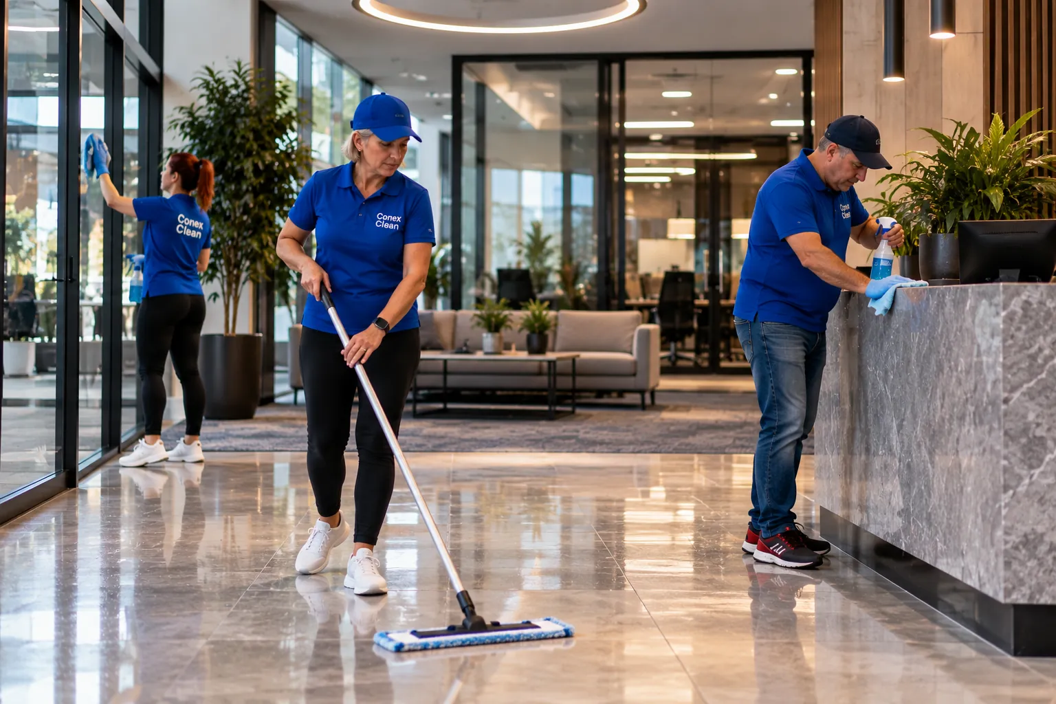 Echipă de curățenie la recepția unei clădiri de birouri