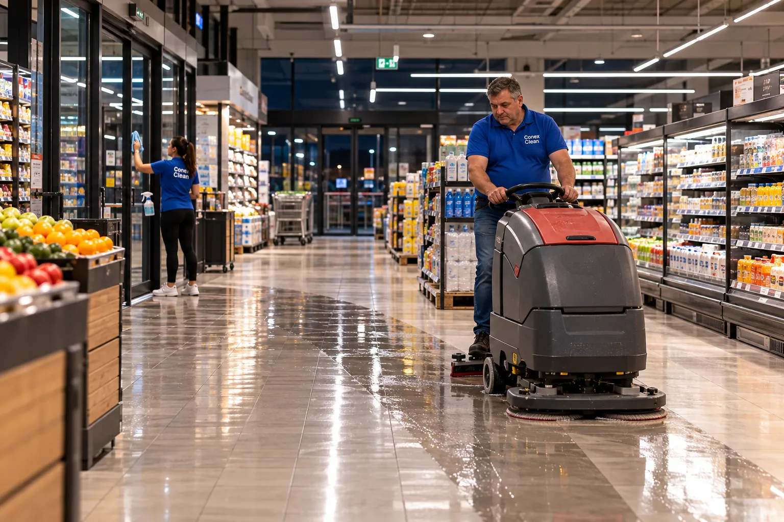 Operator Conex Clean cu mașina de spălat pardoseli pe culoarul unui supermarket