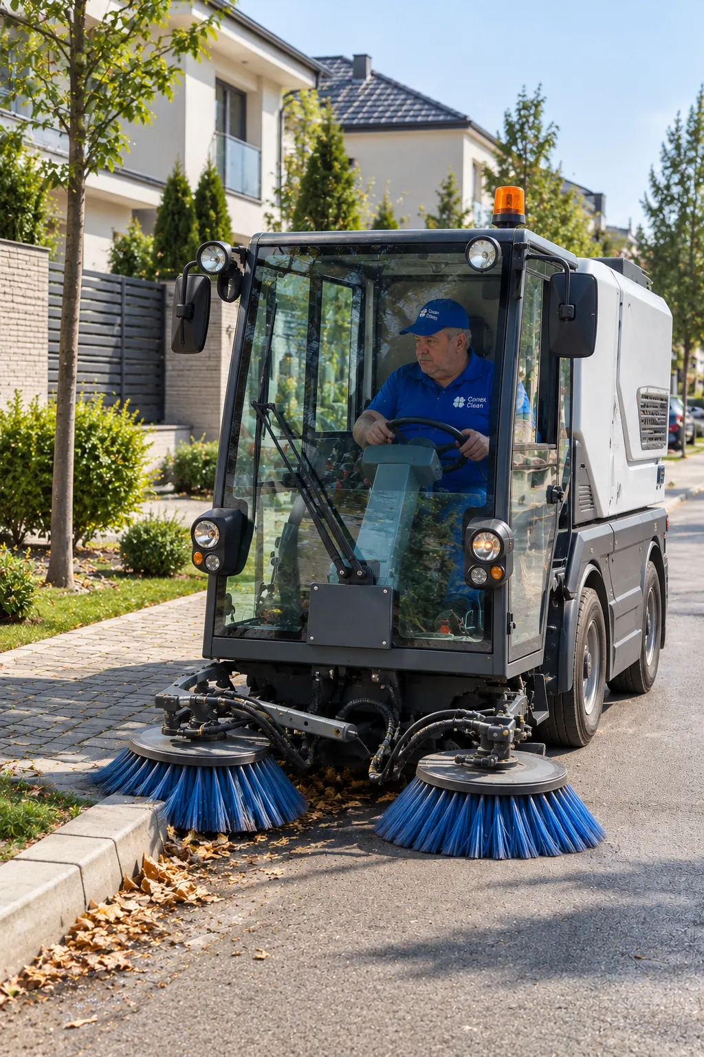 Angajat Conex Clean măturând bordura unei străzi
