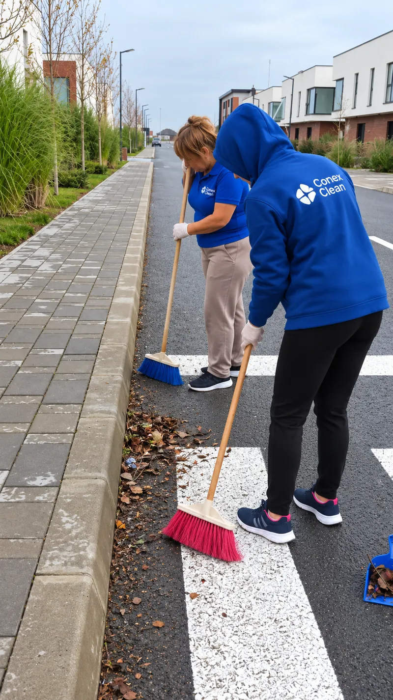 Echipa Conex Clean măturând marginea unei străzi