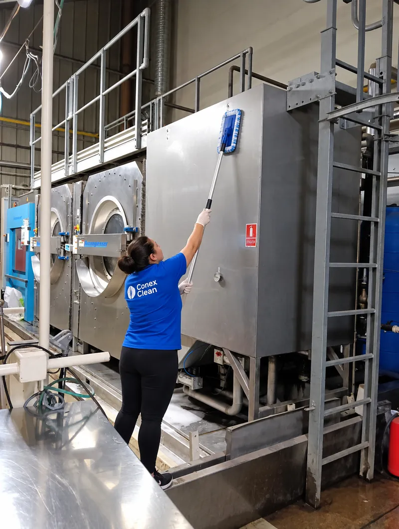 Angajată Conex Clean curățând un utilaj industrial