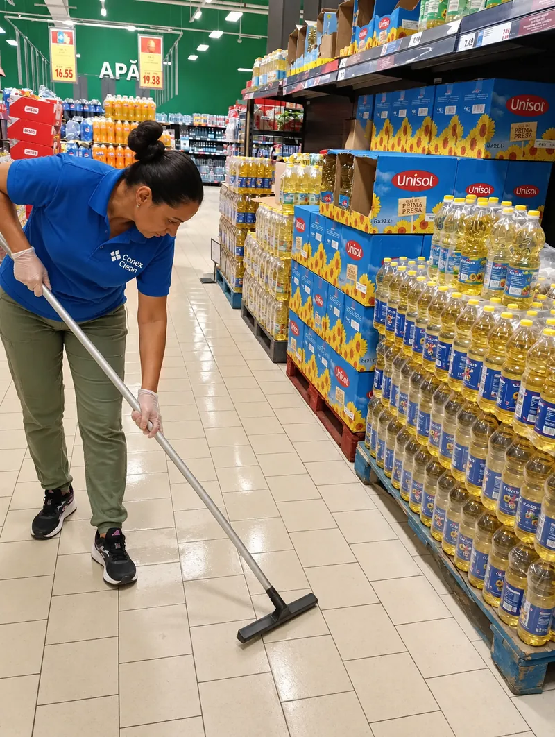 Angajată Conex Clean curățând pardoseala pe culoarul unui supermarket