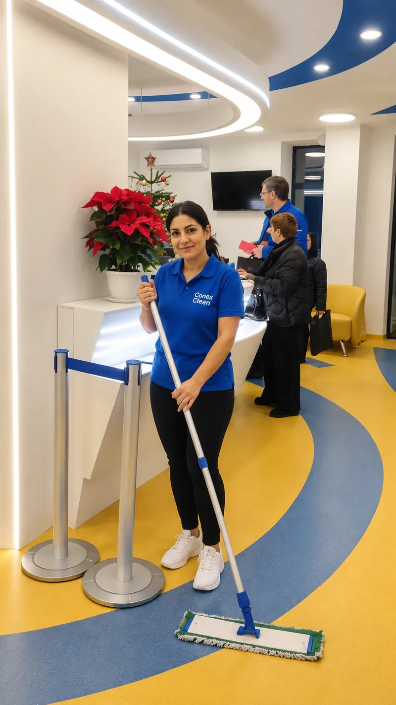 Angajată Conex Clean curățând pardoseala la recepția unei clinici