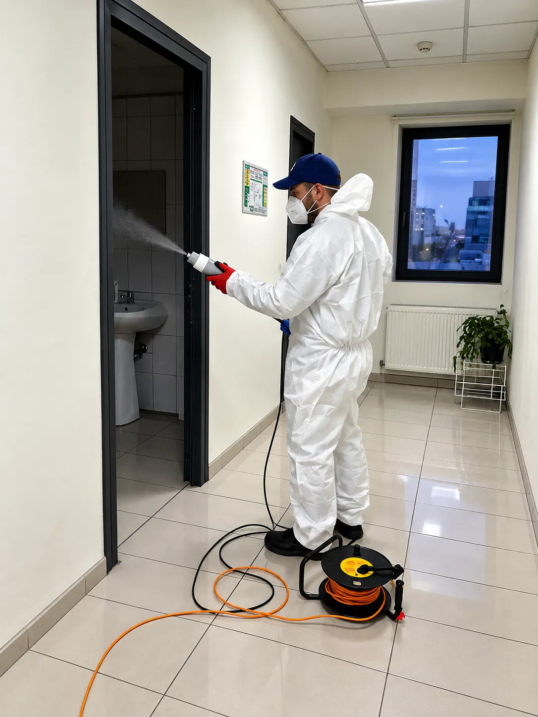 Operator DDD Conex Clean în echipament de protecție, efectuând dezinfecția pe un hol