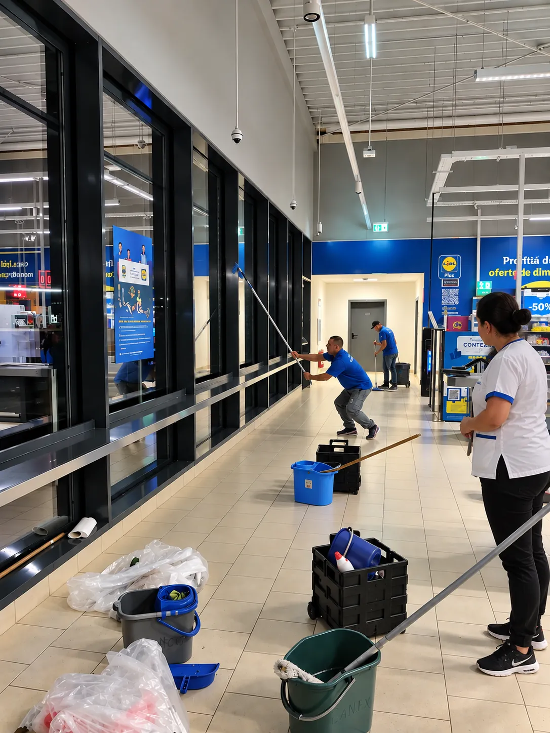 Echipa Conex Clean spălând fațada de sticlă a unui magazin