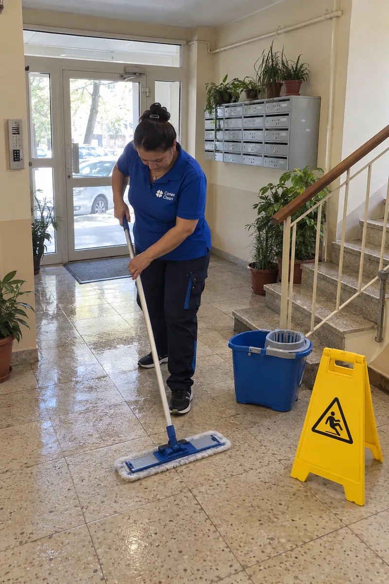 Angajată Conex Clean spălând pardoseala în holul unui bloc